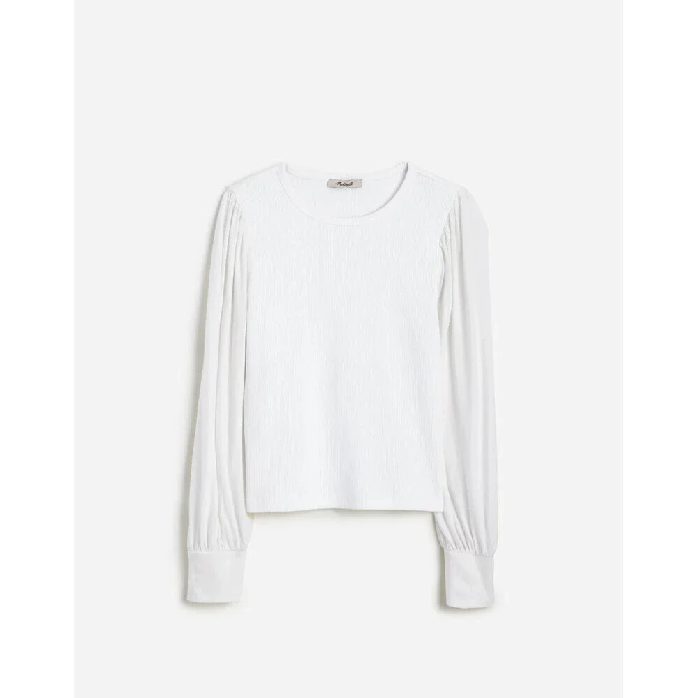 Madewell NU768 Top Womens Small White Cotton Ribbed Puff Sleeve Crew Neck RED101